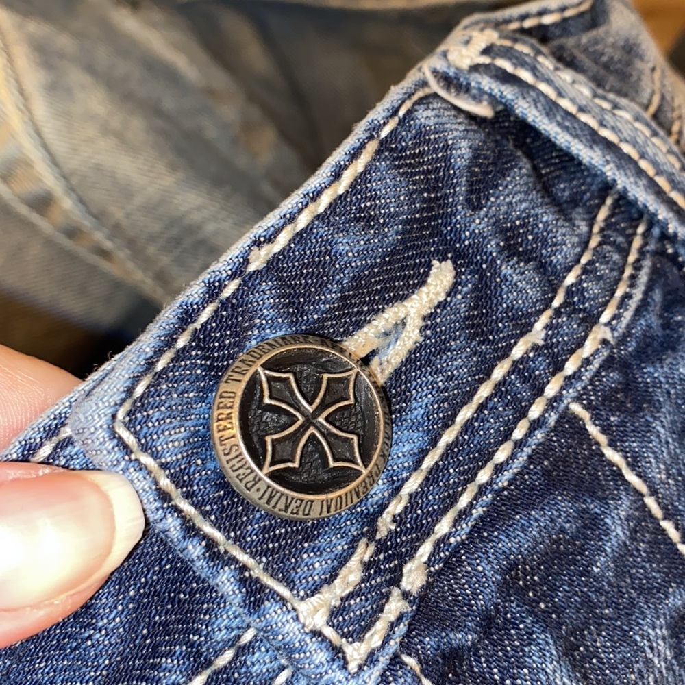 Affliction Black Premium Embroidered Distressed Blue Denim Jeans - Picture 10 of 13